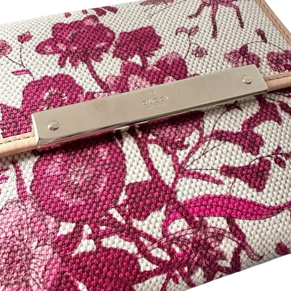 Gucci Floral Pink White & Tan Canvas & Leather Compact Bifold Wallet - Picture 6 of 13